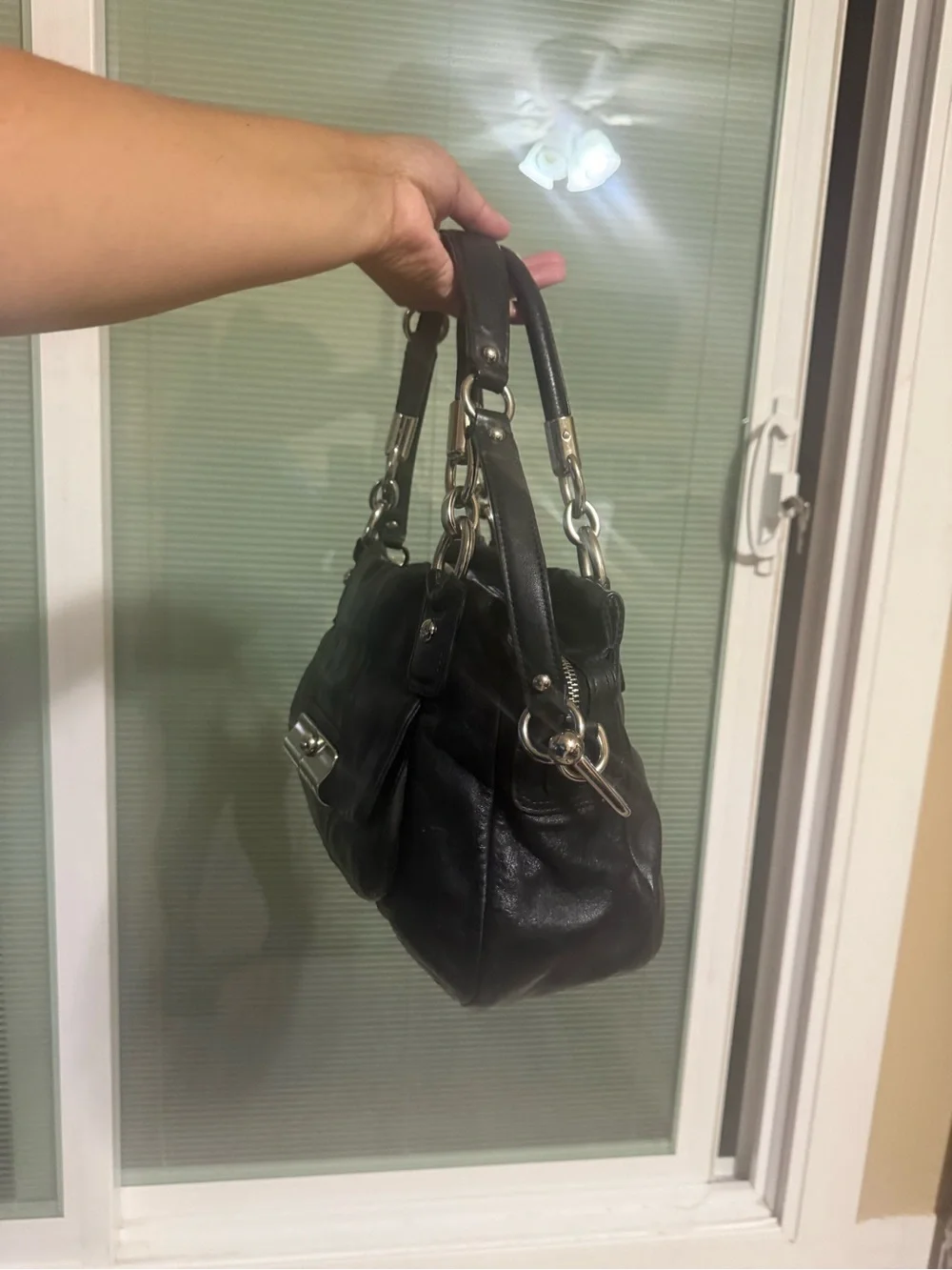 Coach Black Leather Satchel Handbag with Silver Hardware